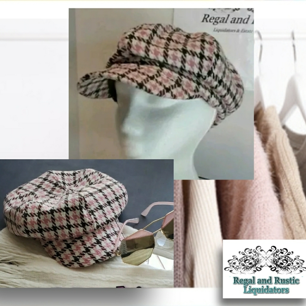 💖 Pink Brown Houndstooth Slouch Cabby Flat Cap